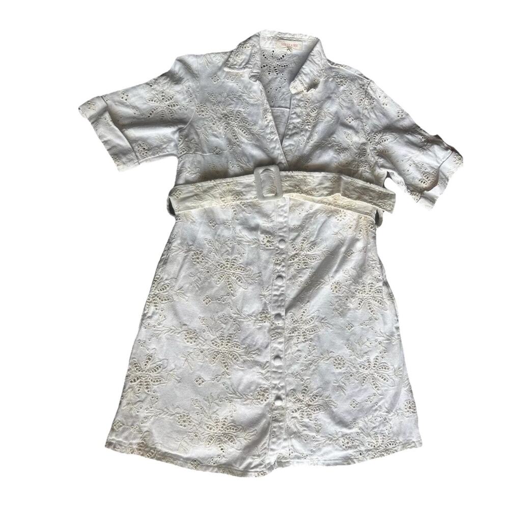 Solitaire Women Denim Dress S White Floral Belted Short Sleeve w/ Pockets